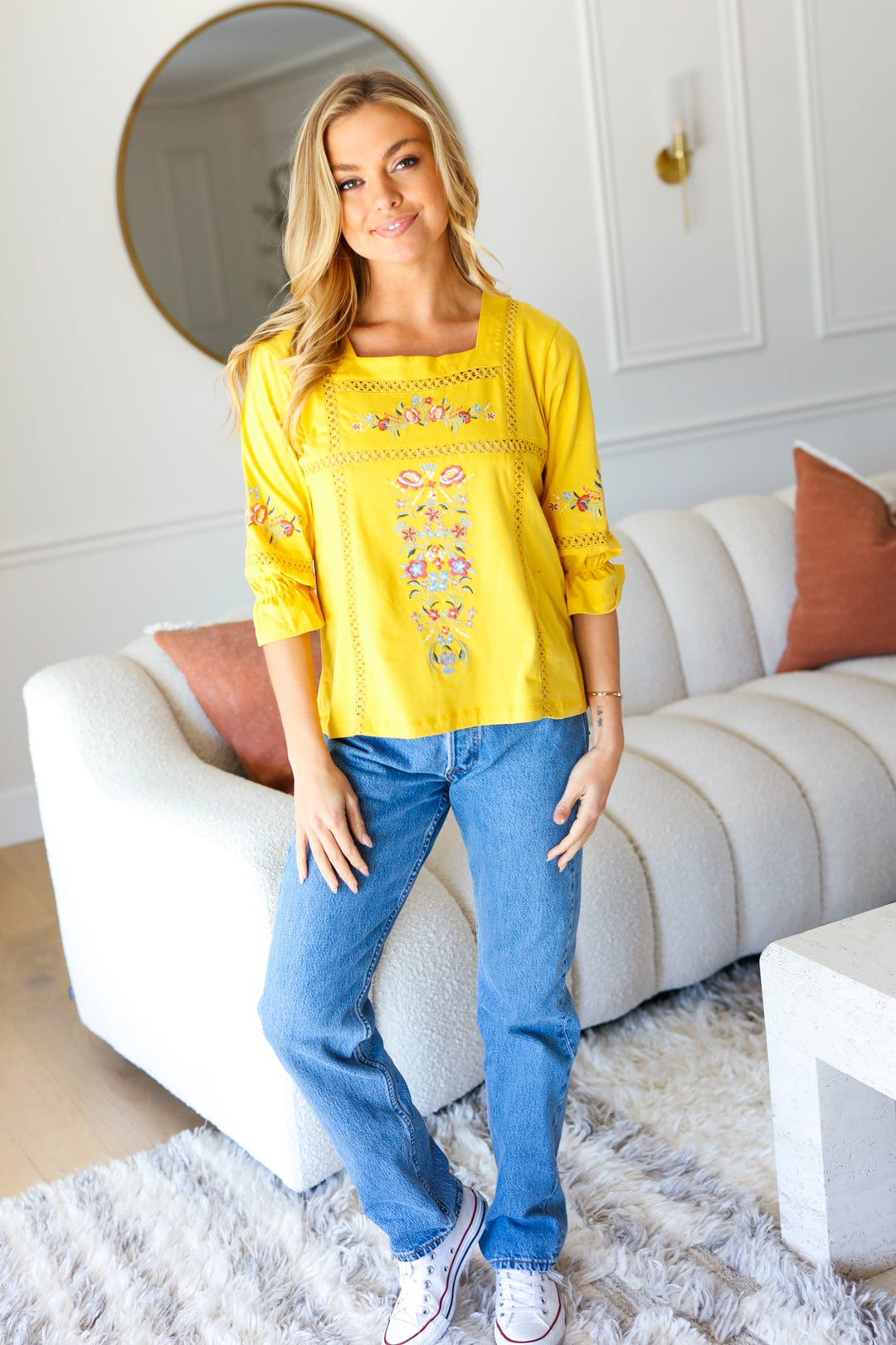 Happy Thoughts - Floral Embroidered Blouse - Yellow