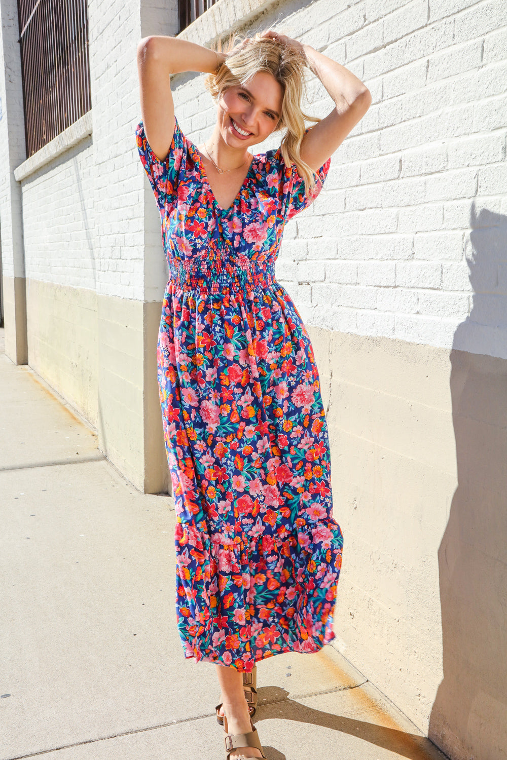 smocked waist maxi dress Find Love Blue Floral Raglan Puff Sleeves V Neck Smocked Waist Maxi