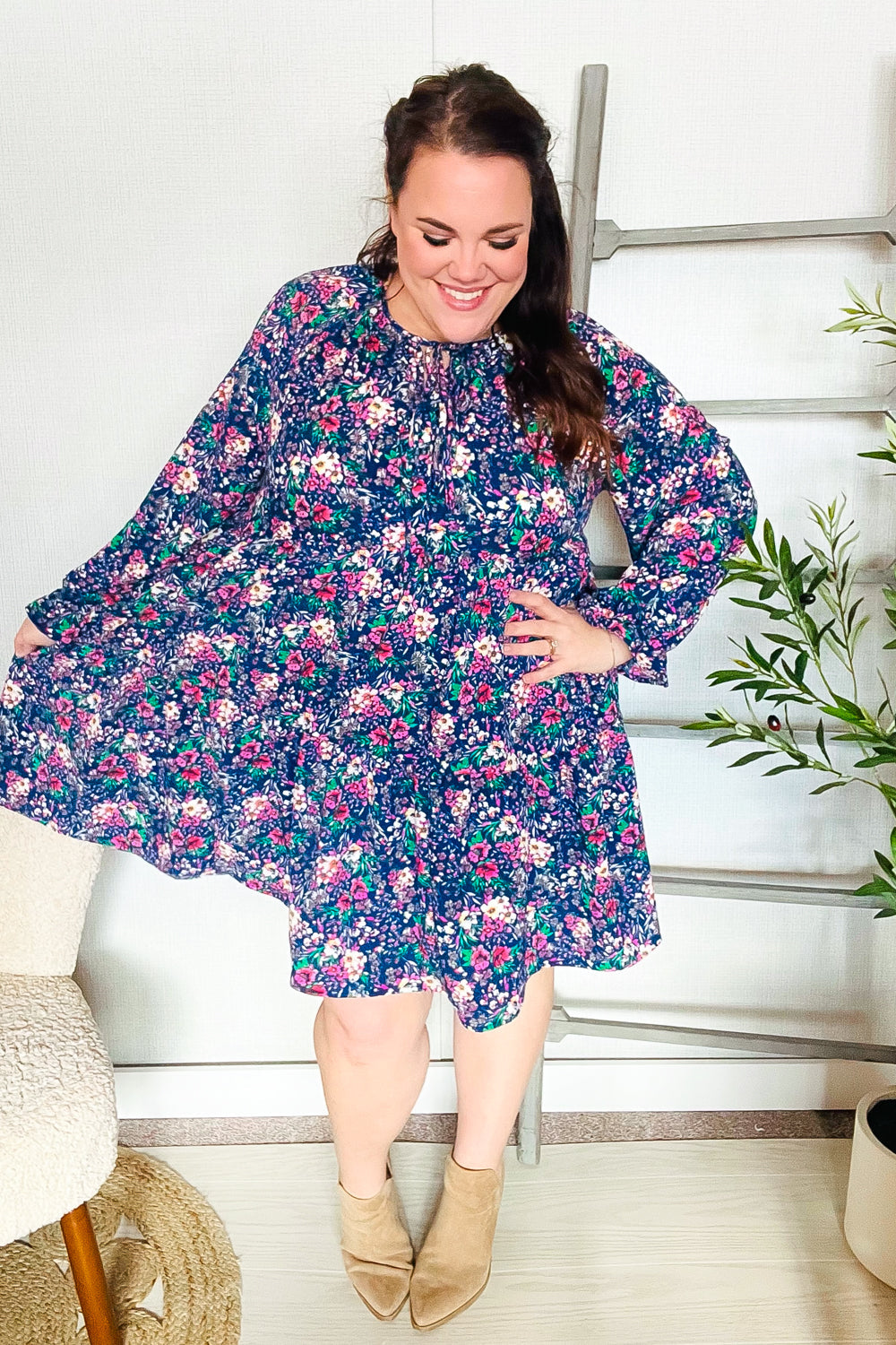 Feeling Joyful Navy Floral Bow Tie Babydoll Long Ruffle Sleeve Dress Medium Feeling Joyful Navy Floral Bow Tie Babydoll Long Ruffle Sleeve Dress Medium