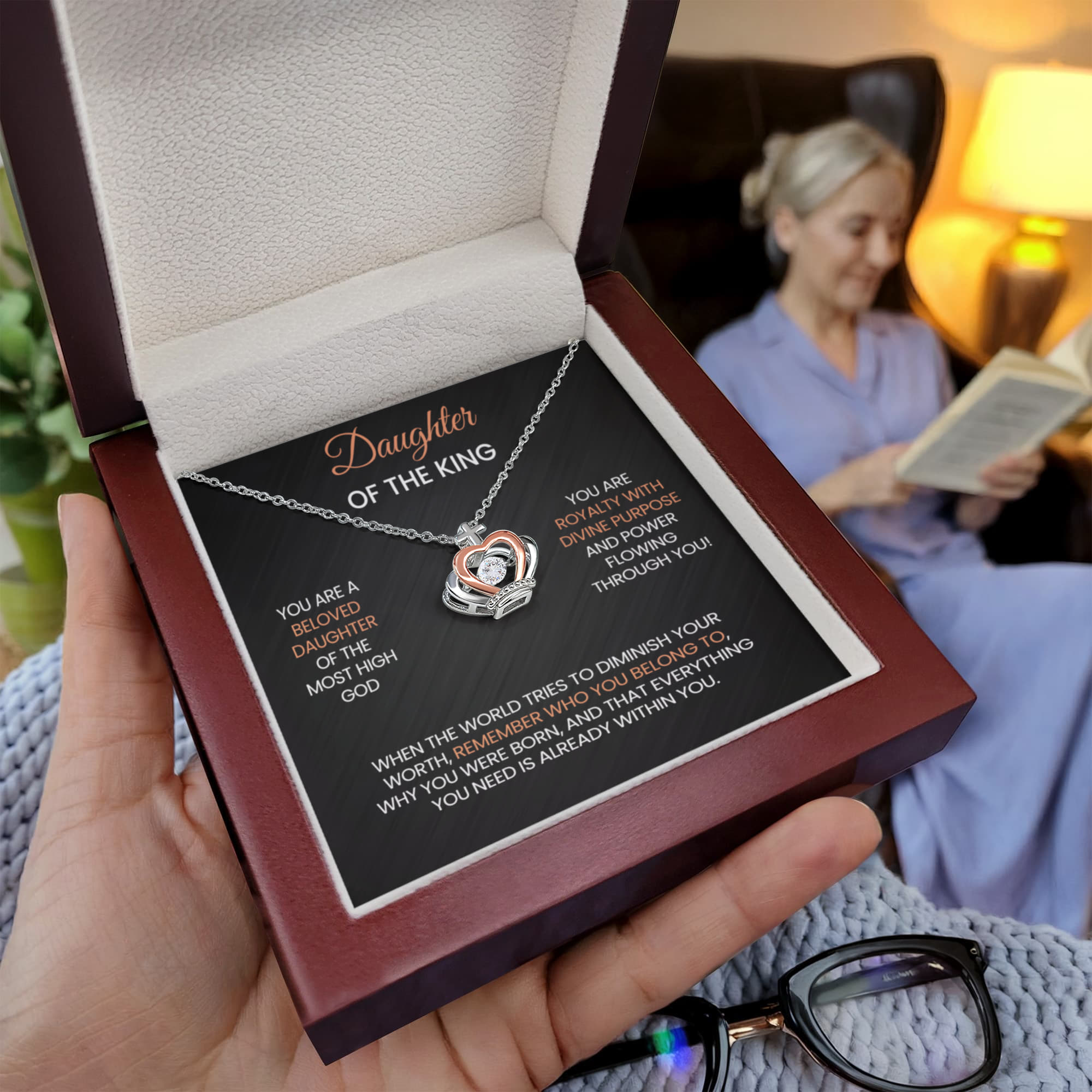 Daughter Of The King - Sterling Silver Rhodium-Plated Crown Necklace With LED Gift Box - Joy & Country