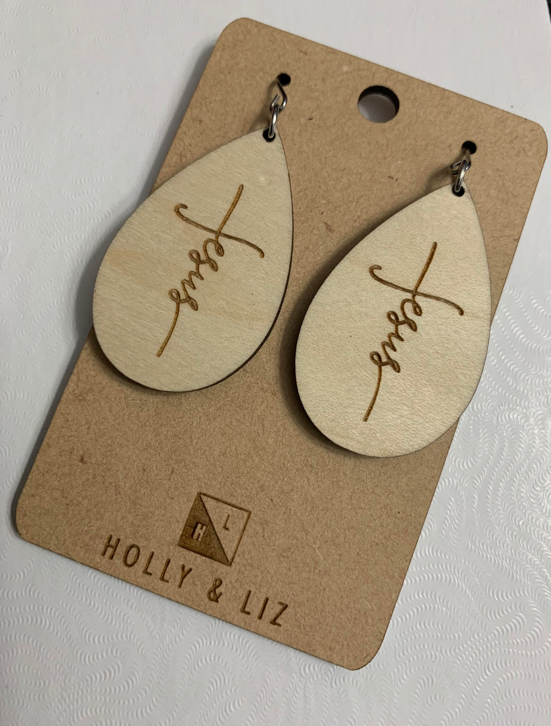 Jesus with Cross - Laser Engraved USA Hand-Made Maple Wood Earrings - Joy & Country