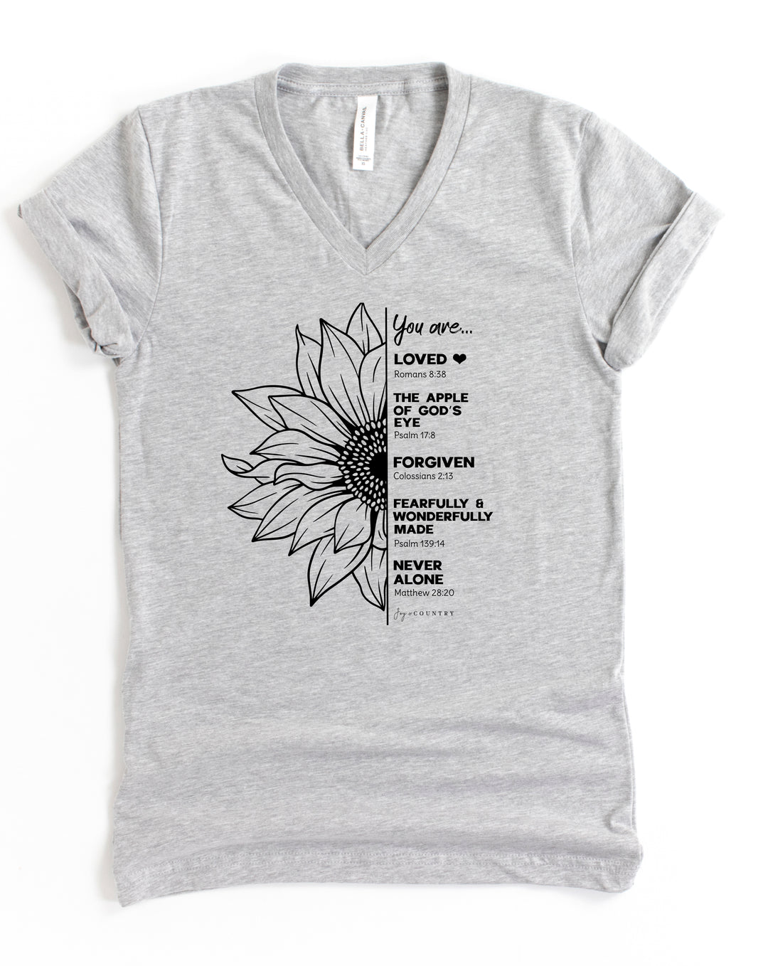 You Are Loved Sunflower Scriptures - Unisex V-Neck Tee - Joy & Country