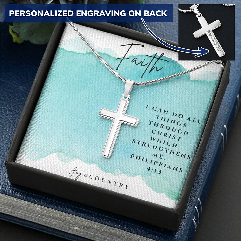 Faith-Inspired Stainless Steel Cross Necklace - ENGRAVABLE - Joy & Country