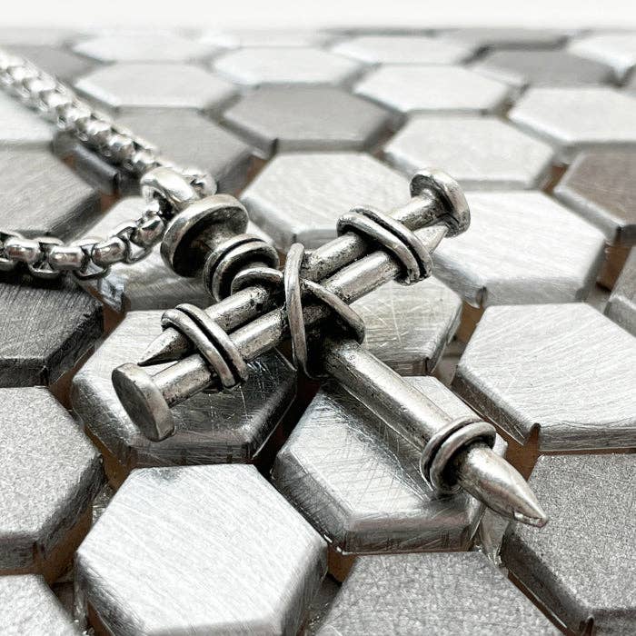 Nail Cross Necklace on Heavy 24" Stainless Steel Box Chain - Pewter