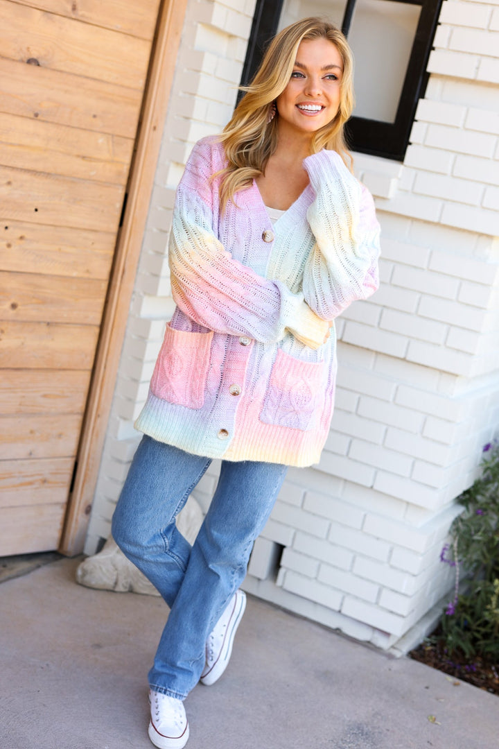 Bright As The Rainbow - Ombre Cable-Knit Cardigan