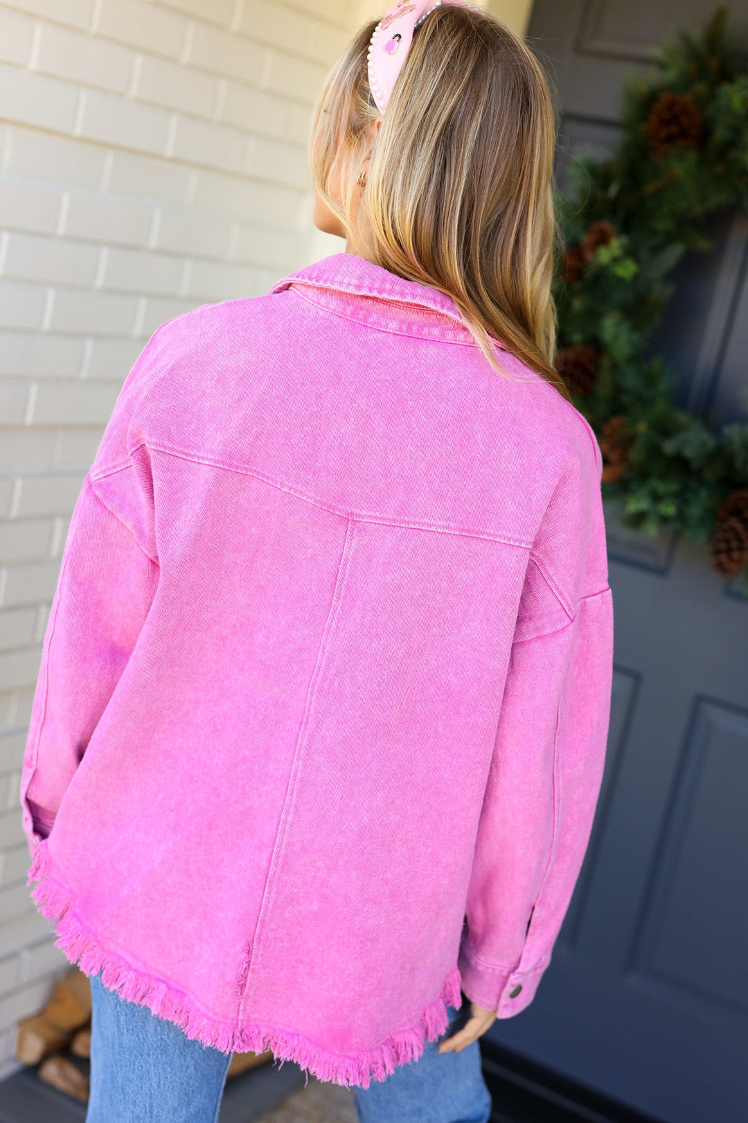 Pink Acid Wash Stud Detail Denim Jacket