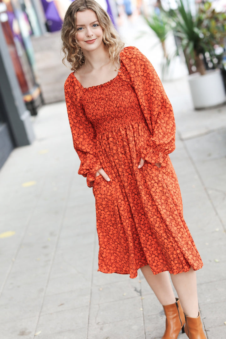 Near To You - Smocking Floral Dress - Rust
