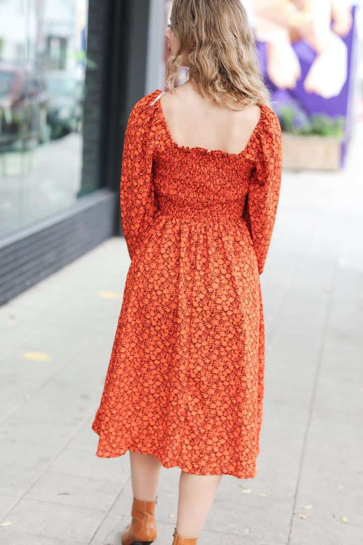 Near To You - Smocking Floral Dress - Rust