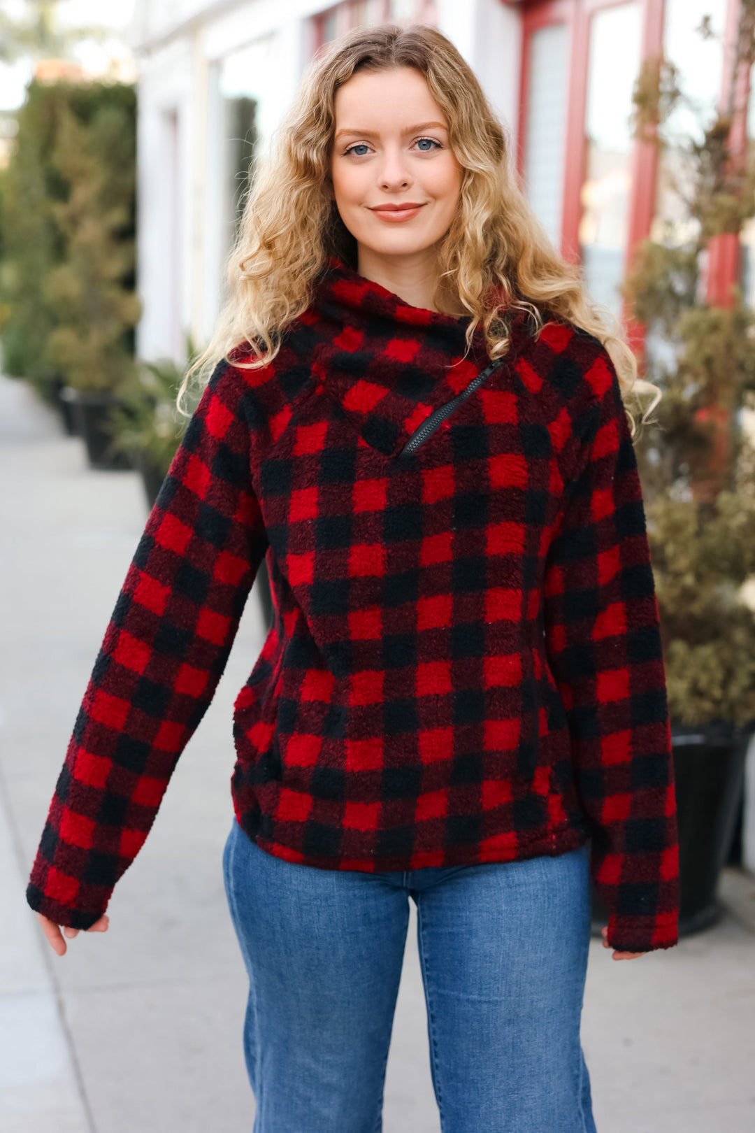 Strikingly Cozy Sherpa Plaid Asymmetrical Sweater Top