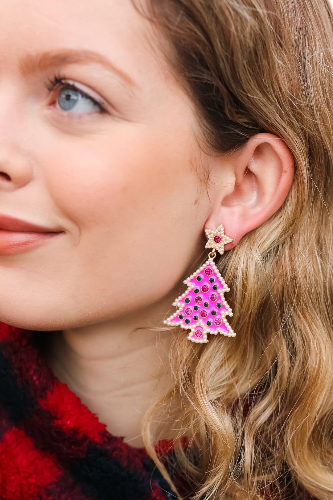 Rhinestone Christmas Tree Hot Pink Earrings