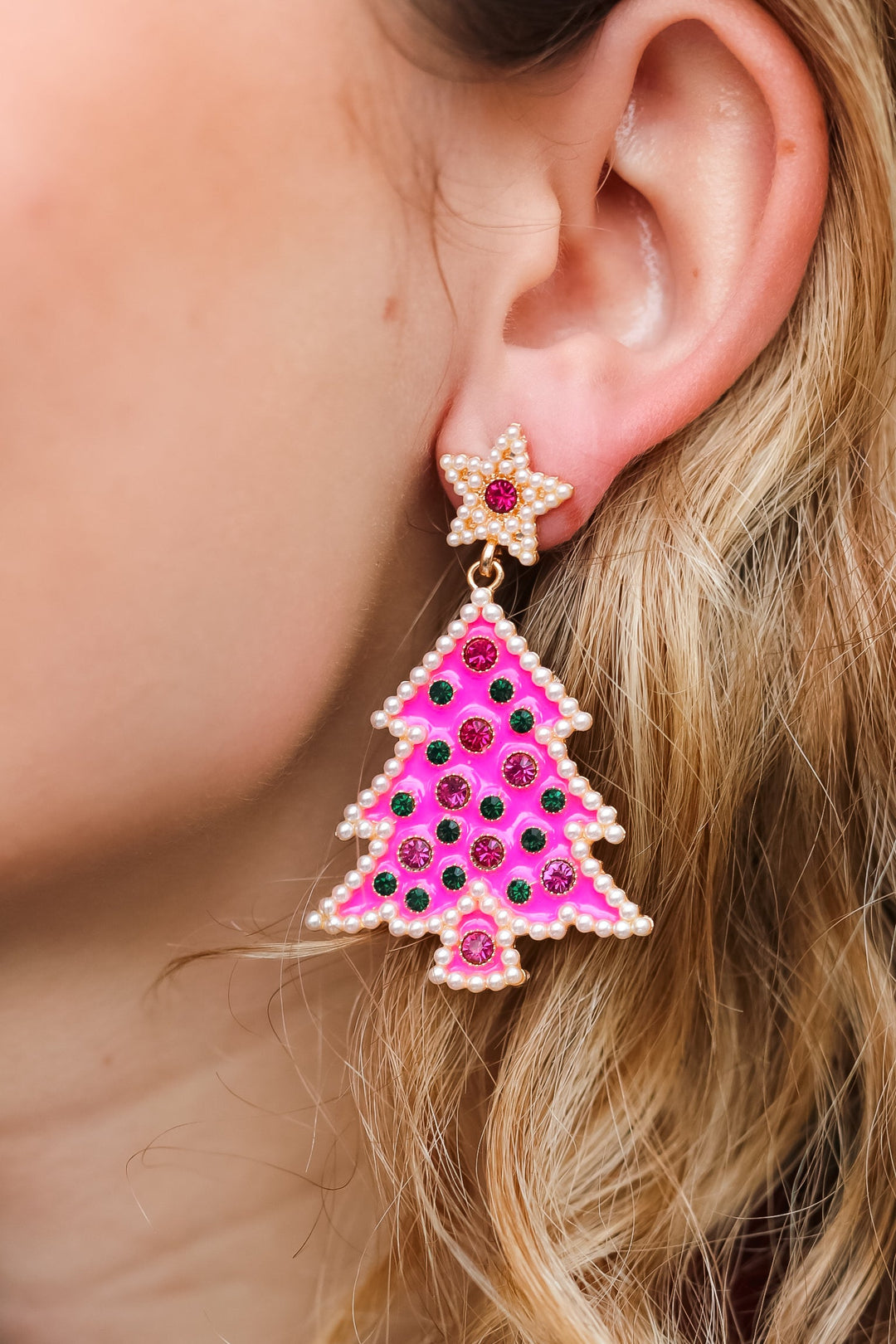 Rhinestone Christmas Tree Hot Pink Earrings