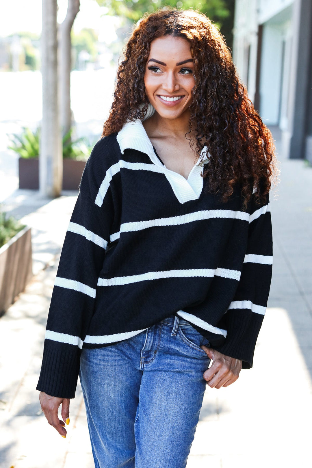 Casual Trends Striped Oversized Sweater - Black - Joy & Country