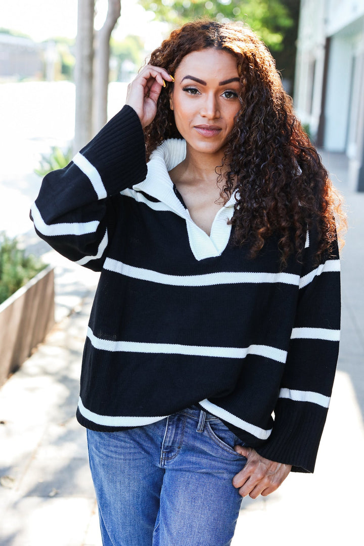 Casual Trends Striped Oversized Sweater - Black - Joy & Country