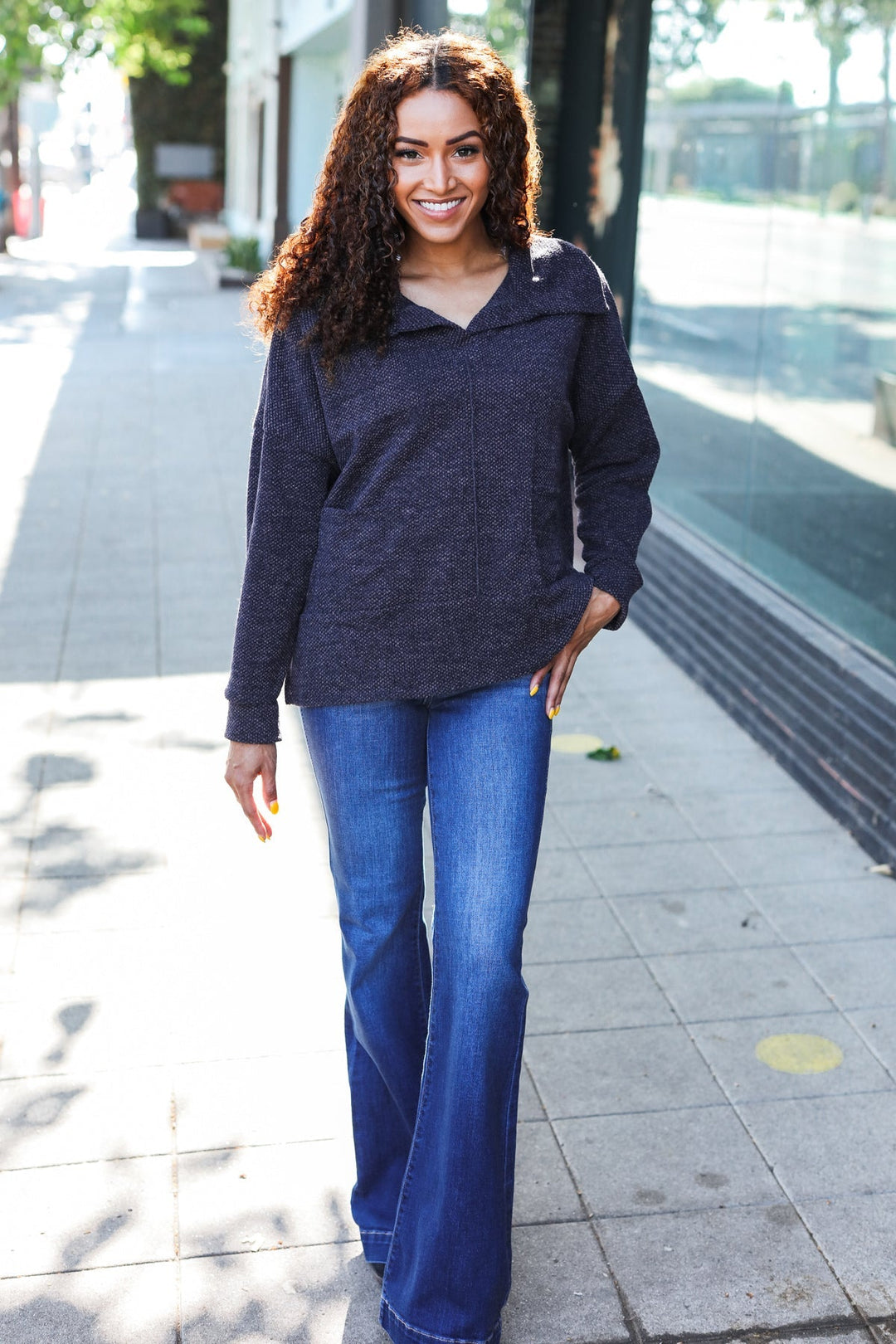 Easy Living Charcoal Textured Knit Notch Neck Oversized Collar Sweater   2024 Blow-Out Sale Joy & Country