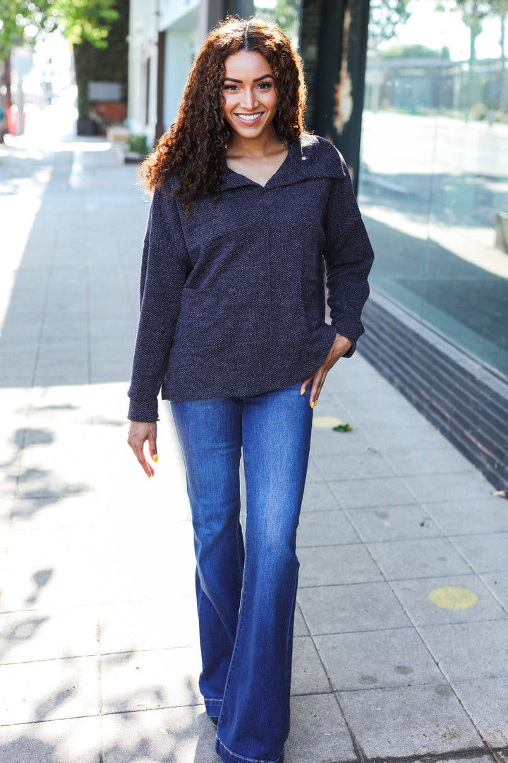 Easy Living Charcoal Textured Knit Notch Neck Oversized Collar Sweater   2024 Blow-Out Sale Joy & Country