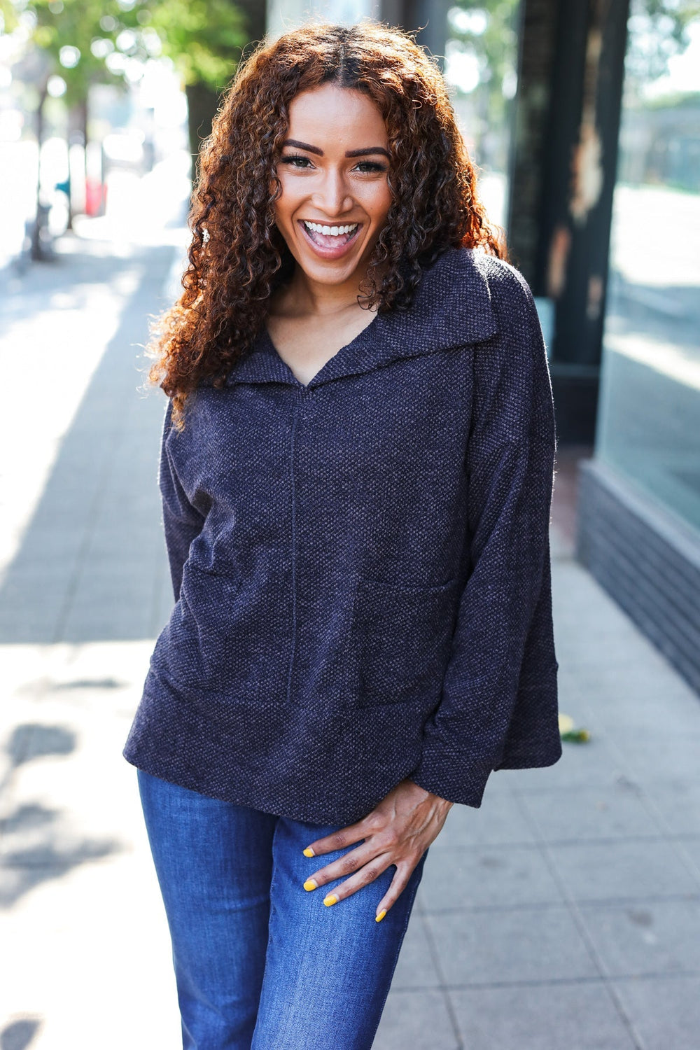 Easy Living Charcoal Textured Knit Notch Neck Oversized Collar Sweater   2024 Blow-Out Sale Joy & Country