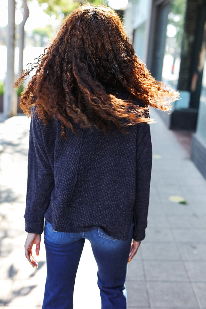 Easy Living Charcoal Textured Knit Notch Neck Oversized Collar Sweater   2024 Blow-Out Sale Joy & Country