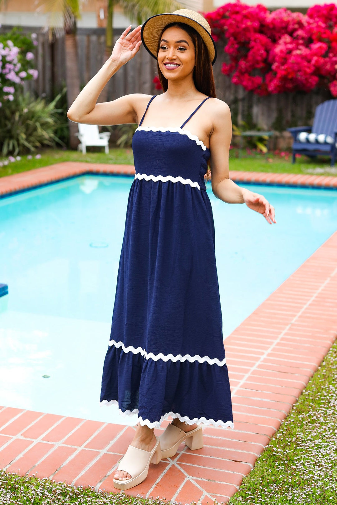 Bold & Sassy Navy Square Neck Ric Rac Trim Adjustable Straps Maxi Medium Bold & Sassy Navy Square Neck Ric Rac Trim Adjustable Straps Maxi Medium