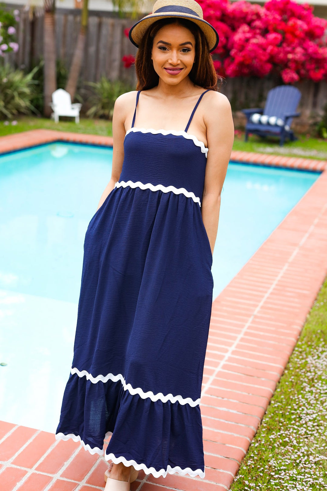 Bold & Sassy Navy Square Neck Ric Rac Trim Adjustable Straps Maxi Medium Bold & Sassy Navy Square Neck Ric Rac Trim Adjustable Straps Maxi Medium