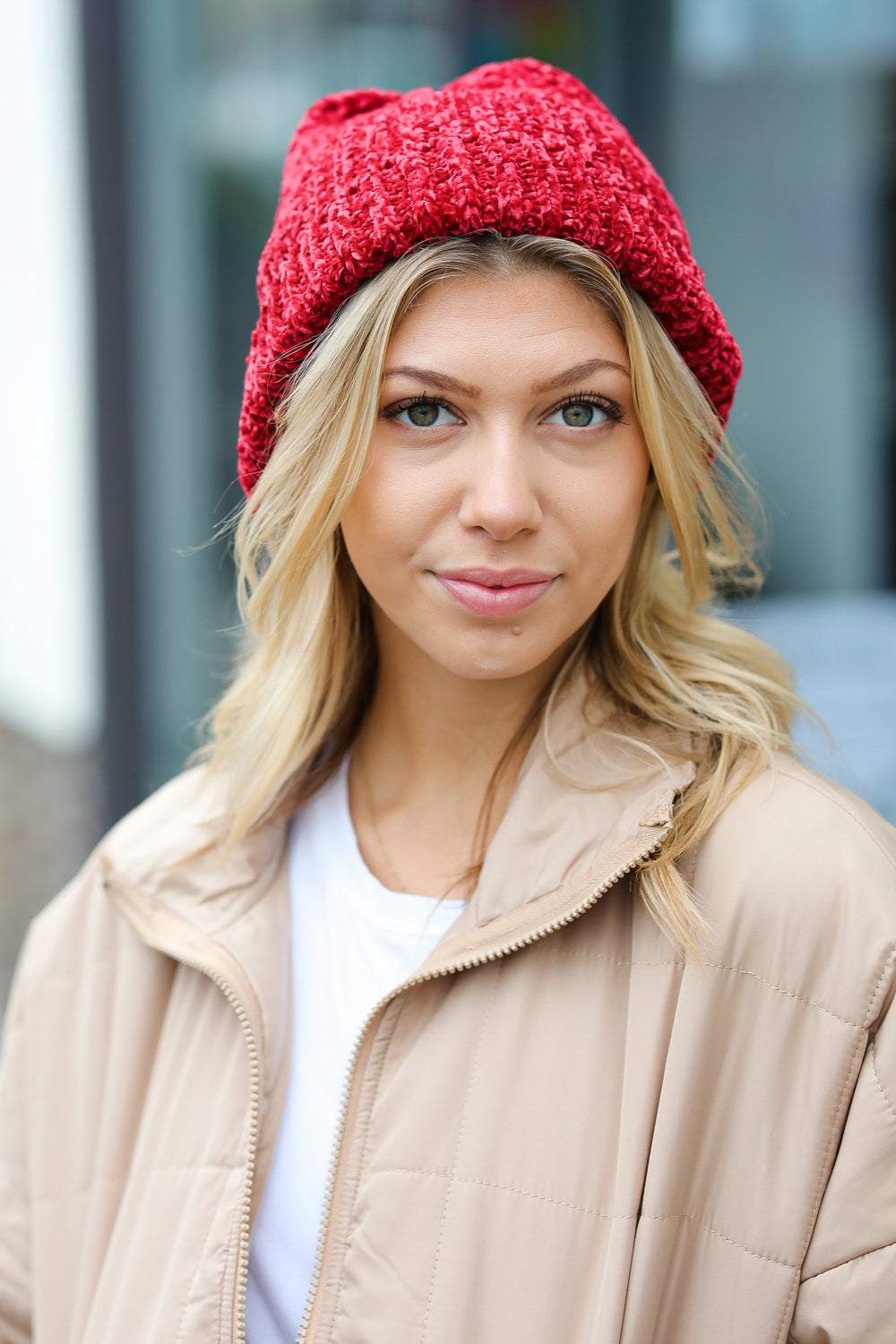 Chenille Fold-Over Beanie - Cranberry