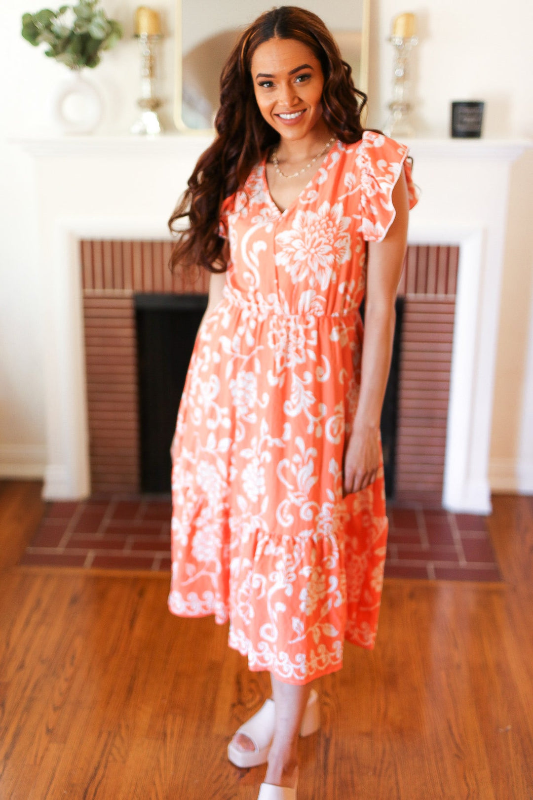 Sunset Peach Flutter-Sleeve Dress