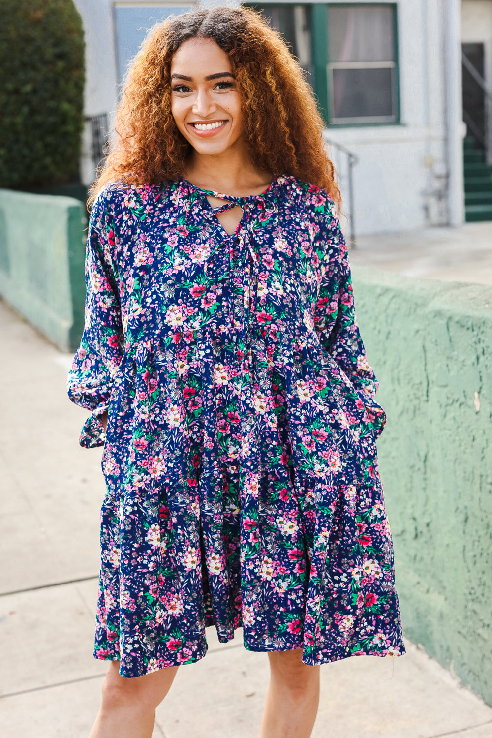 Feeling Joyful Navy Floral Bow Tie Babydoll Long Ruffle Sleeve Dress Medium Feeling Joyful Navy Floral Bow Tie Babydoll Long Ruffle Sleeve Dress Medium