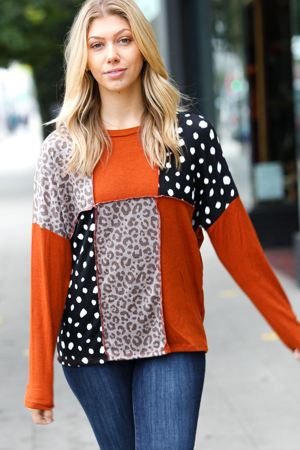 Cashmere-Feel Leopard Patchwork Top