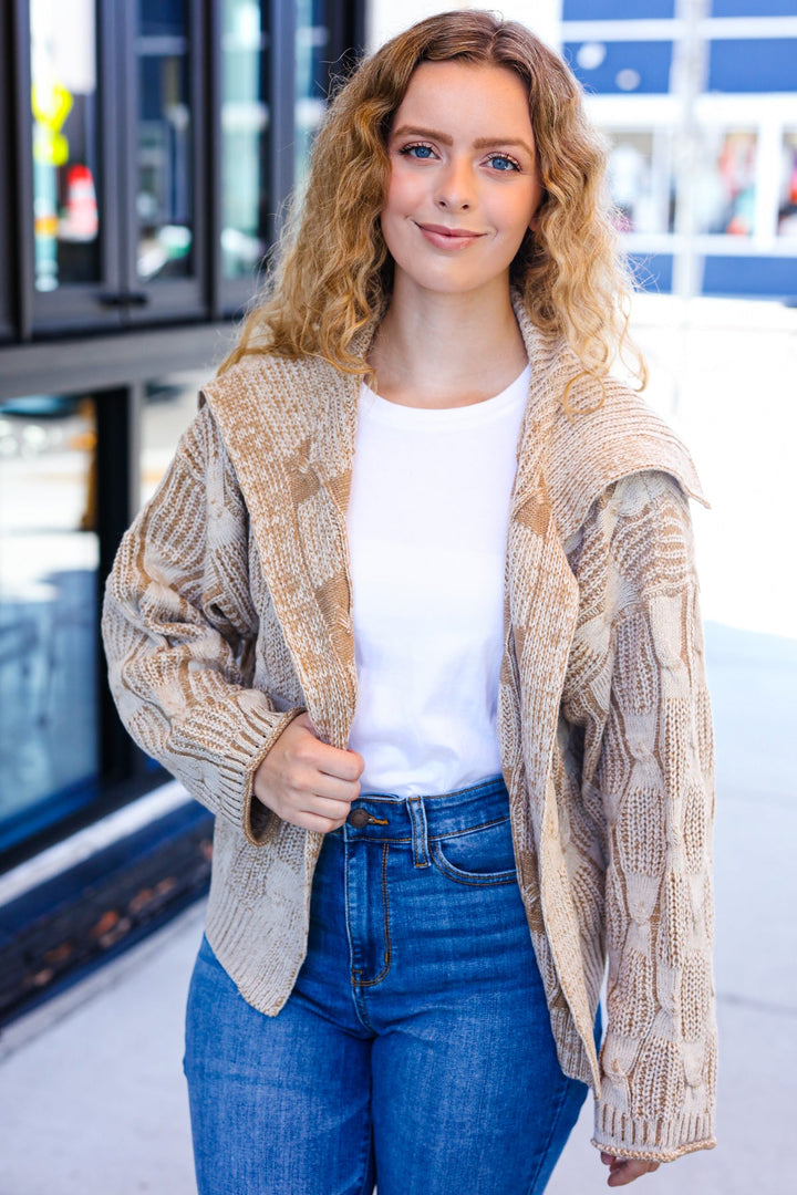 Taupe Textured Cable-Knit Collared Cardigan - Joy & Country