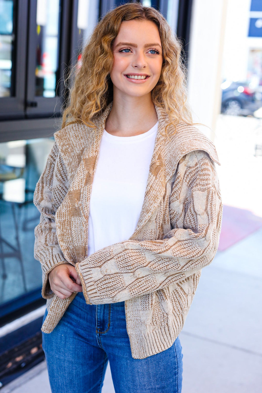 Taupe Textured Cable-Knit Collared Cardigan - Joy & Country