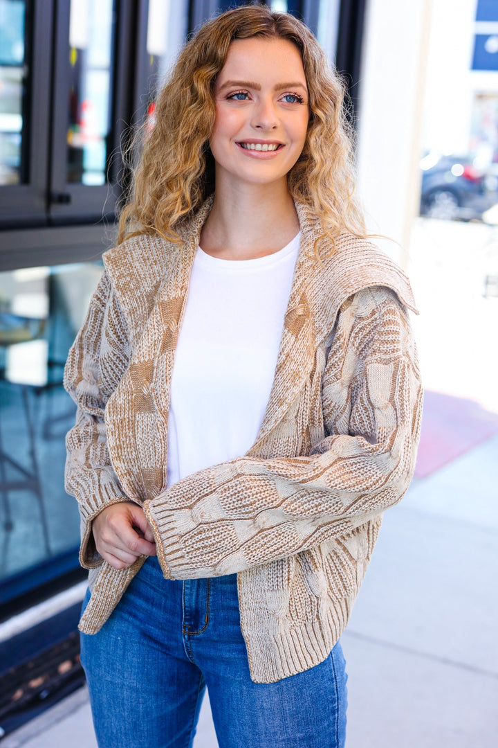 Taupe Textured Cable-Knit Collared Cardigan - Joy & Country