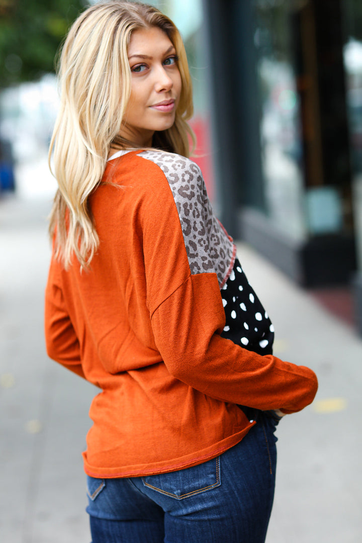 Cashmere-Feel Leopard Patchwork Top