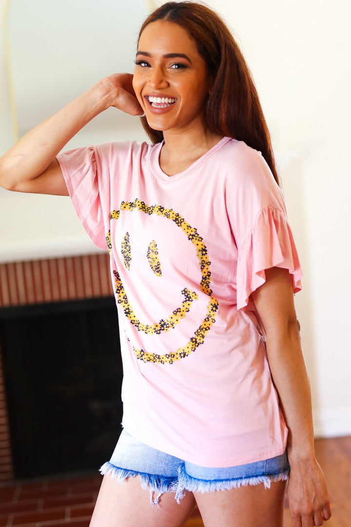 Good Times - Smiley Face Flutter-Sleeve Top - Pink