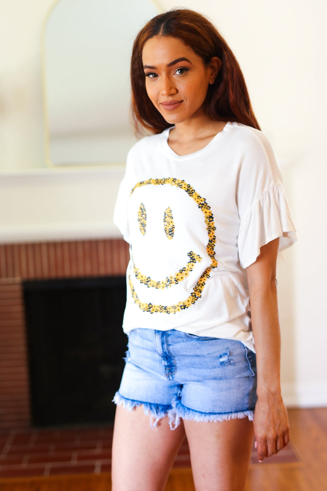 Good Times - Smiley Face Flutter-Sleeve Top - White