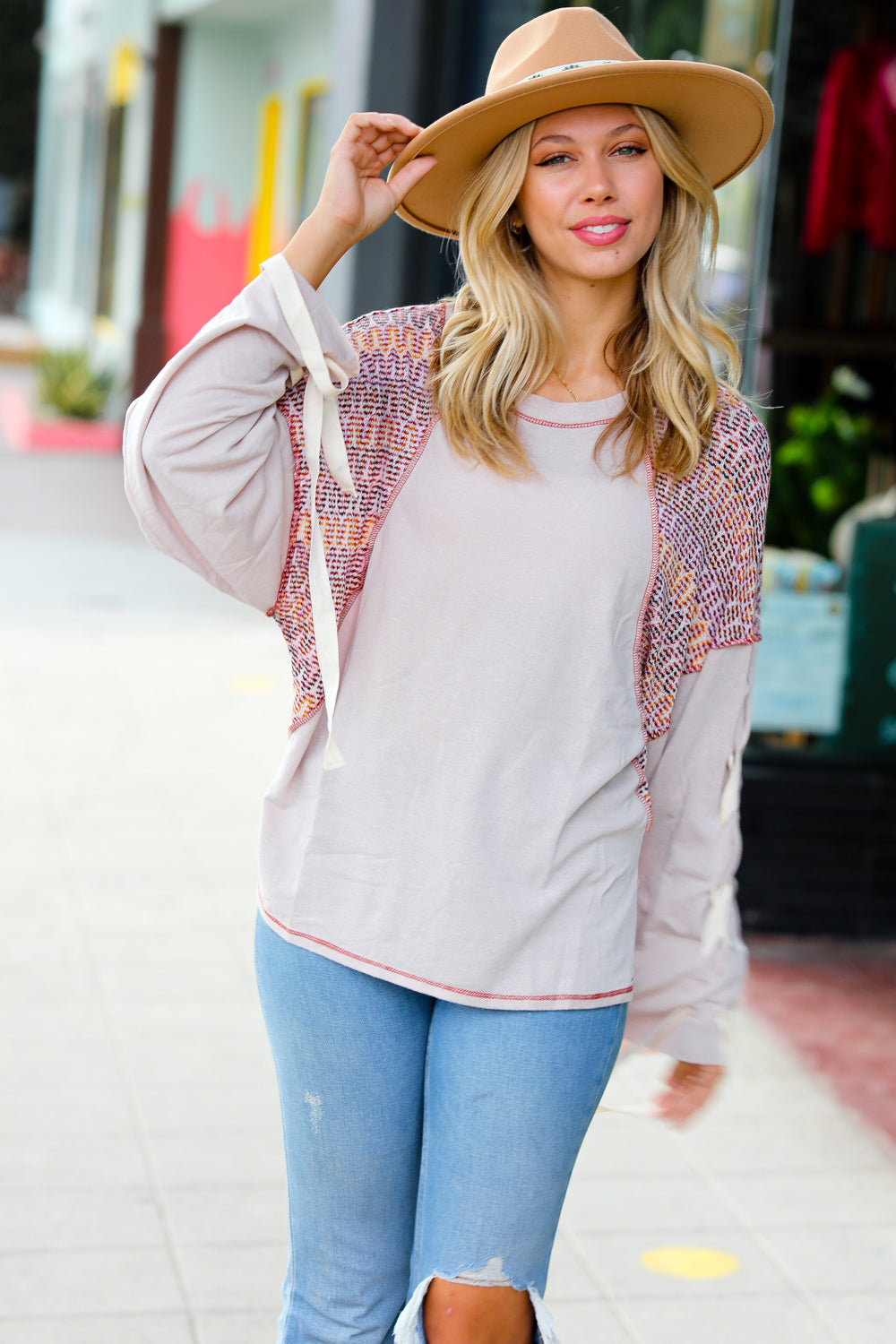 Made My Day - Chevron Raglan Lace-Up Top