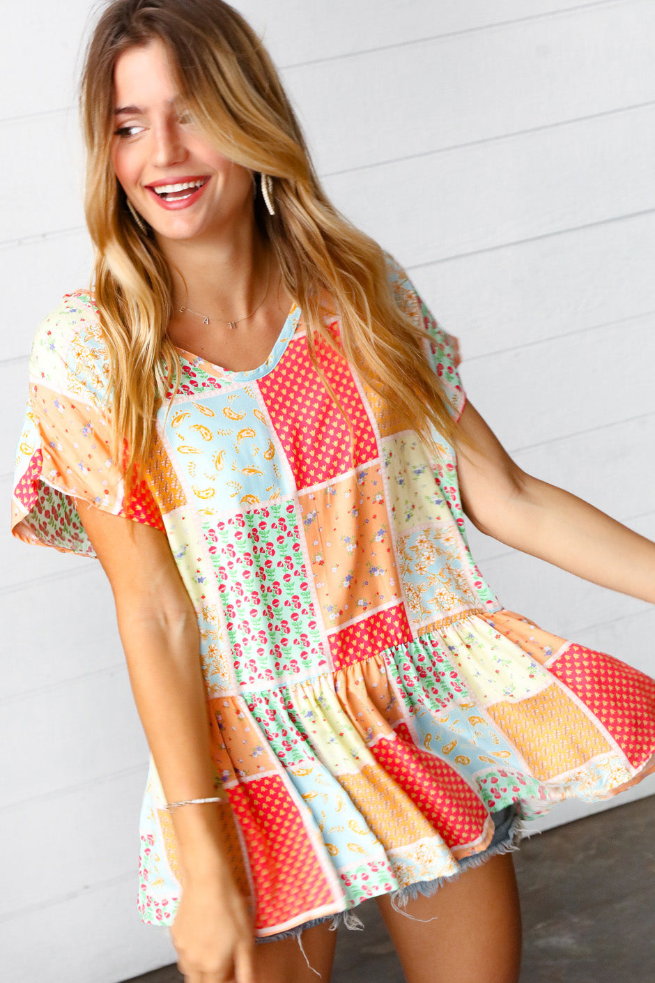 Coral Patchwork Babydoll Top