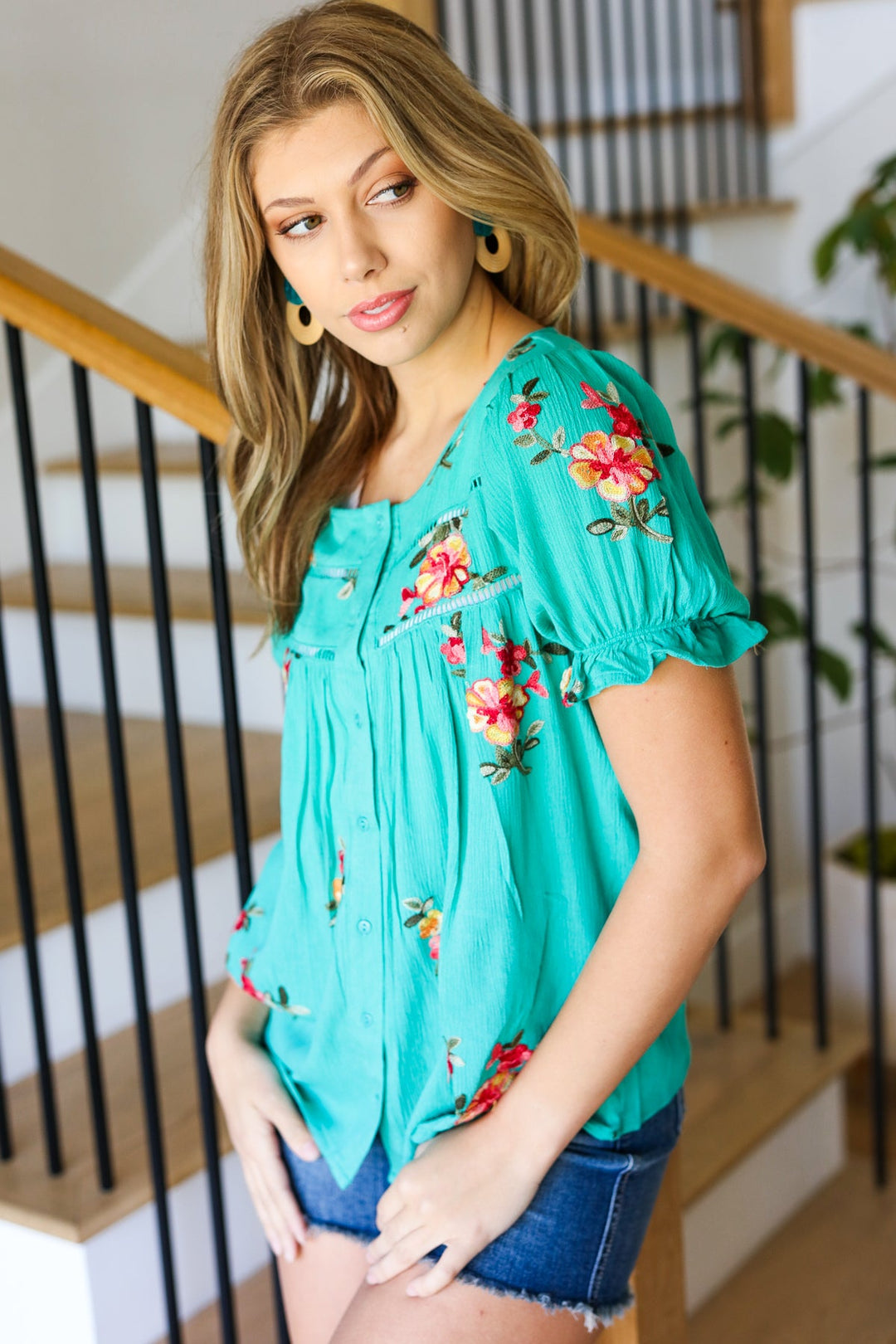 Floral Embroidery Button-Down Top