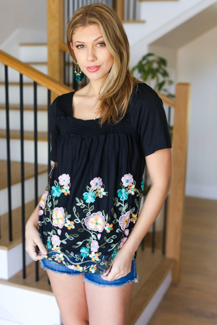 Floral Glam - Embroidery & Lace Smocked Top