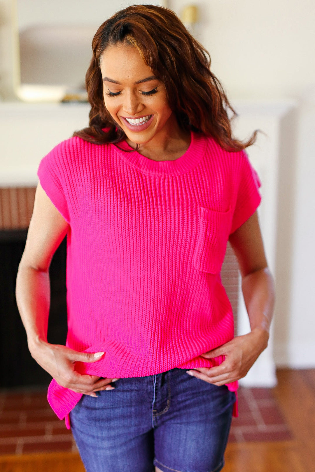 Call On Me - Dolman Ribbed Sweater Top - Hot Pink