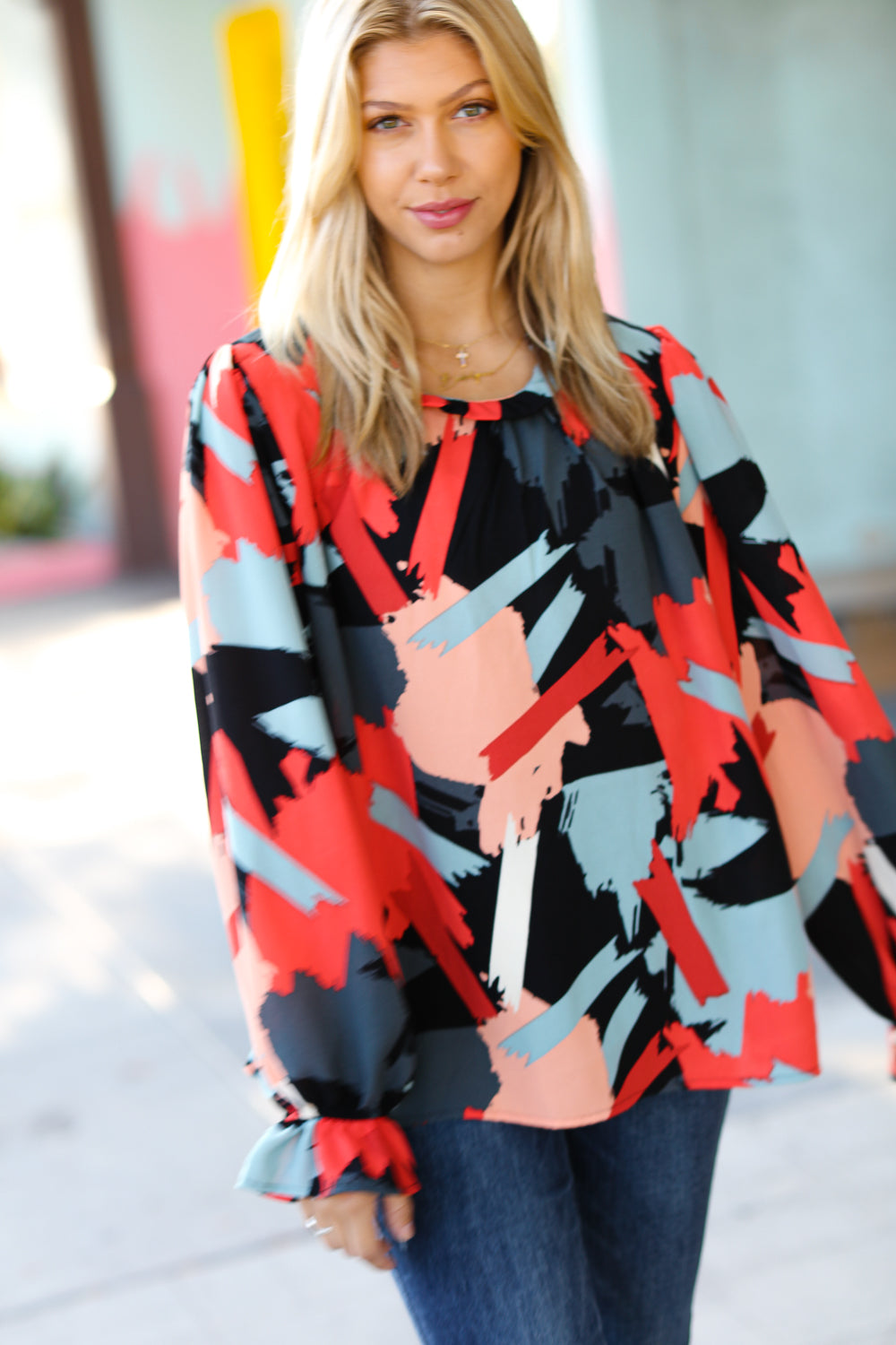 Abstract Style Frill-Neck Blouse