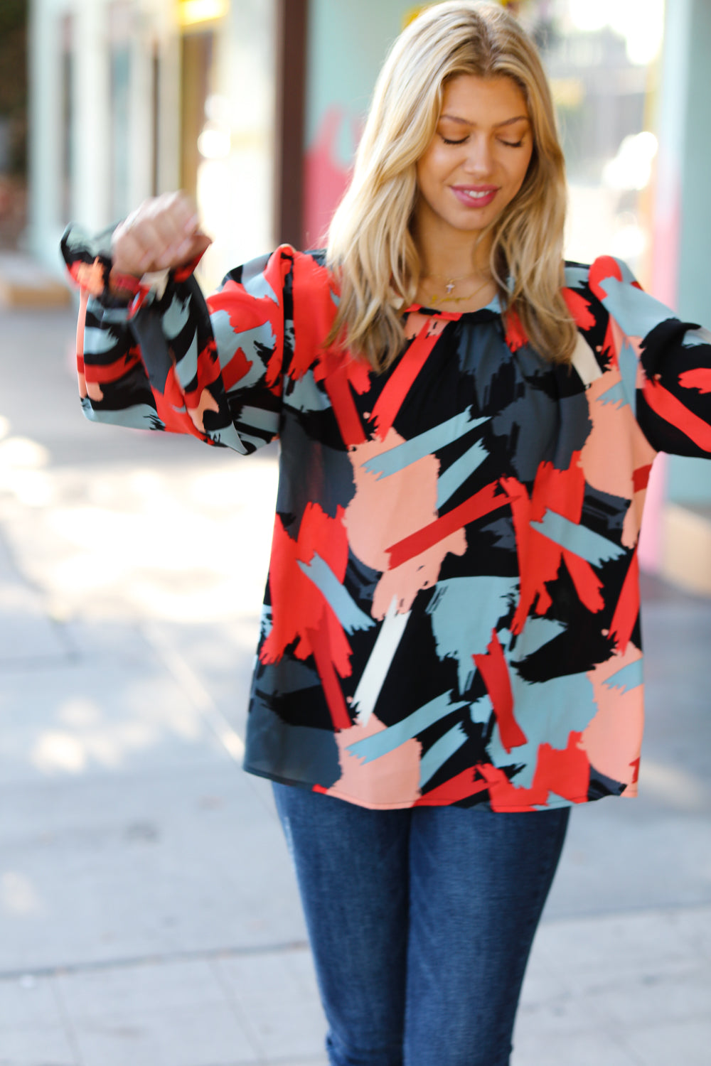 Abstract Style Frill-Neck Blouse