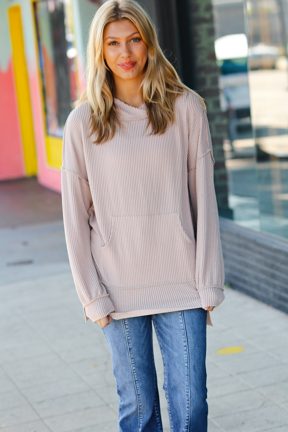 Cozy It Up - Taupe Rib Knit Hoodie