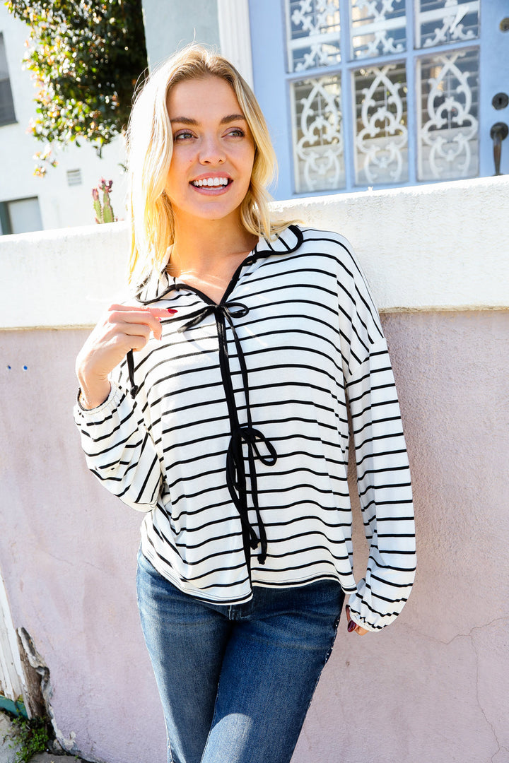 Joy-Filled Striped Bow-Tie French Terry Top - Black & White - Joy & Country