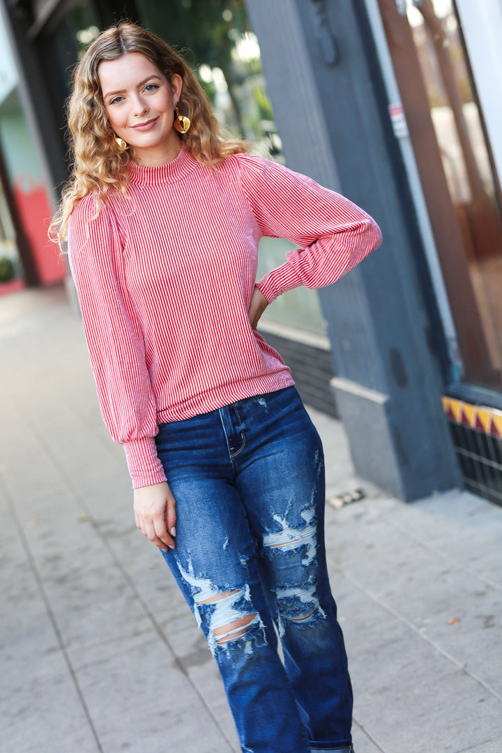 Tried And True - Ruby Ribbed Puff-Sleeve Top