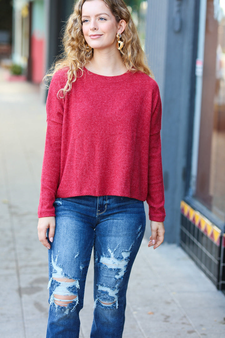 Miss You More Ribbed Dolman Sweater Top - Red