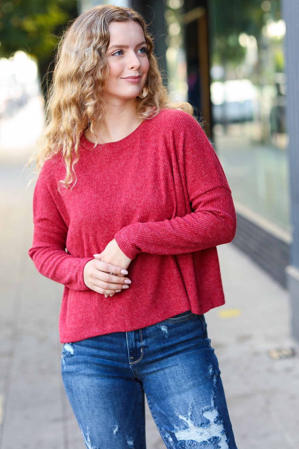 Miss You More Ribbed Dolman Sweater Top - Red