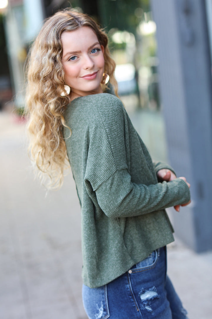 Miss You More Ribbed Dolman Sweater Top - Olive