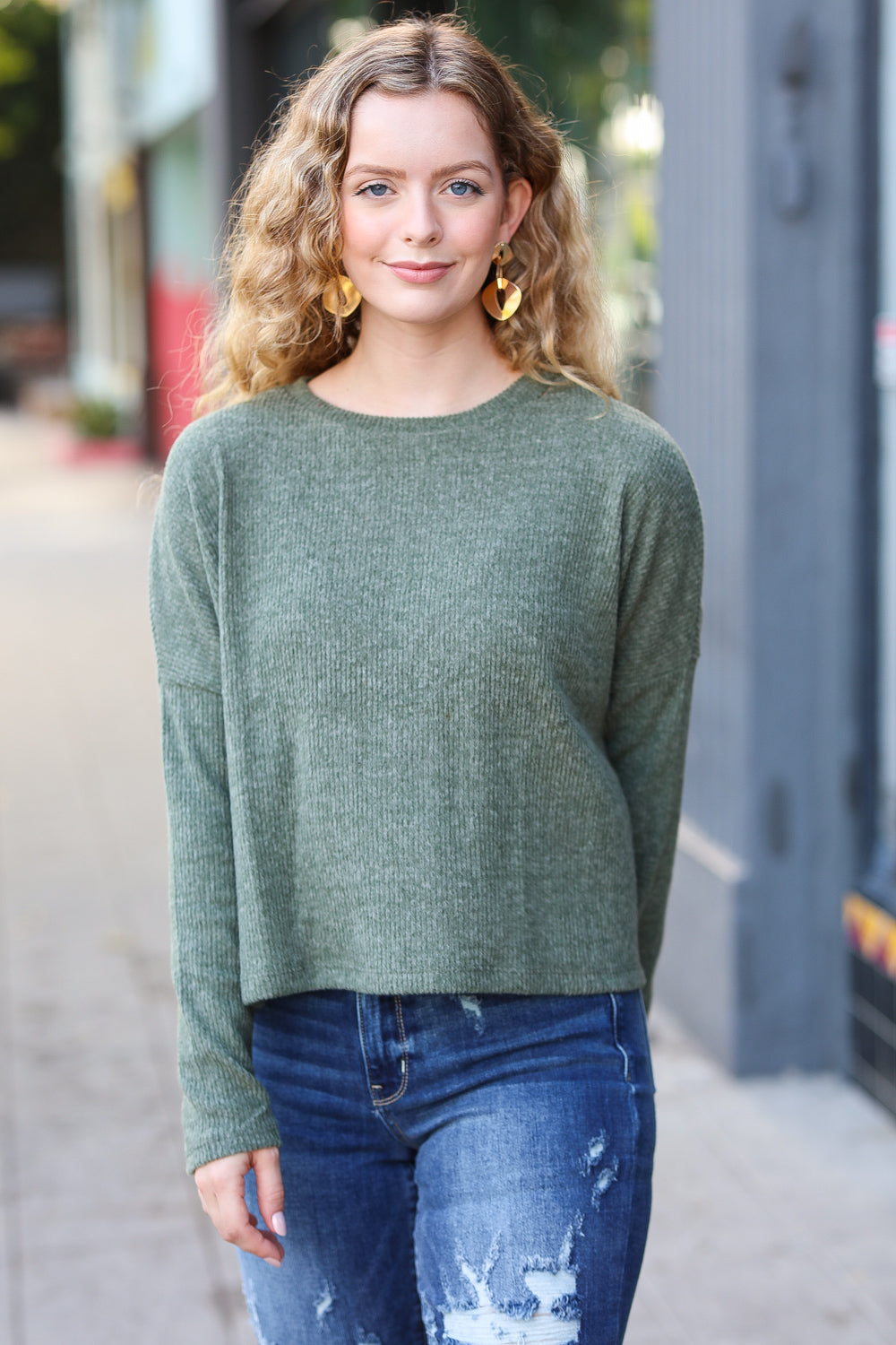 Miss You More Ribbed Dolman Sweater Top - Olive