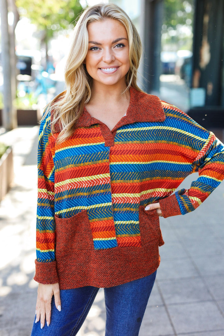 Casual Living Rust & Teal Striped Two Tone Knit Pocketed Top   2024 Blow-Out Sale Joy & Country