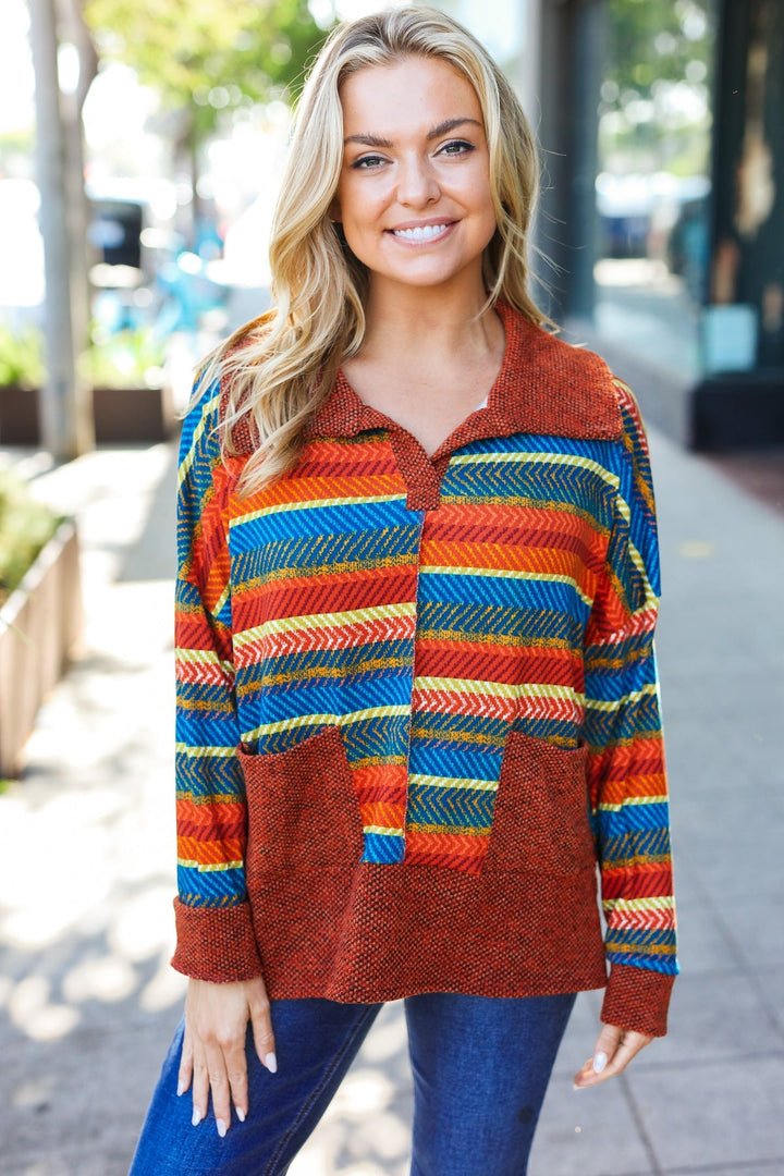 Casual Living Rust & Teal Striped Two Tone Knit Pocketed Top   2024 Blow-Out Sale Joy & Country