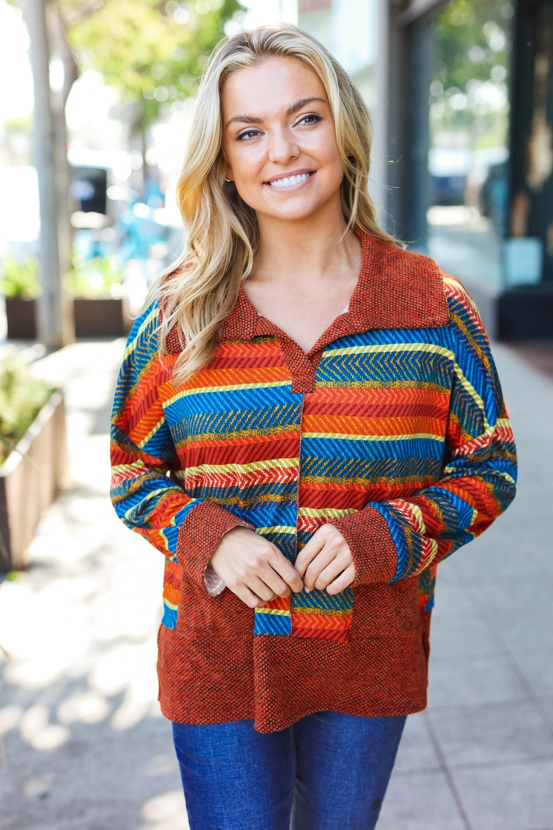 Casual Living Rust & Teal Striped Two Tone Knit Pocketed Top   2024 Blow-Out Sale Joy & Country